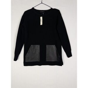 NWT J Crew Leather Pockets‎ Sweater Womens XXS Black Merino Wool Knit Pullover